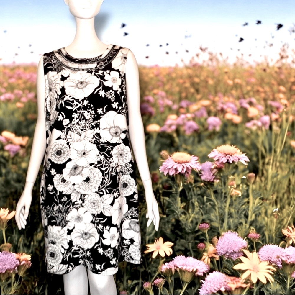 Talbots Black & White Floral Tank Dress Sophisticated Modern Resort wear Size L